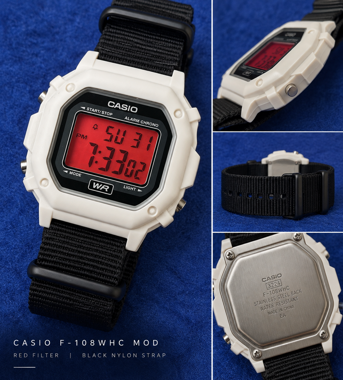 White Casio F-108WHC with a red display filter and black nylon strap, shown from four angles