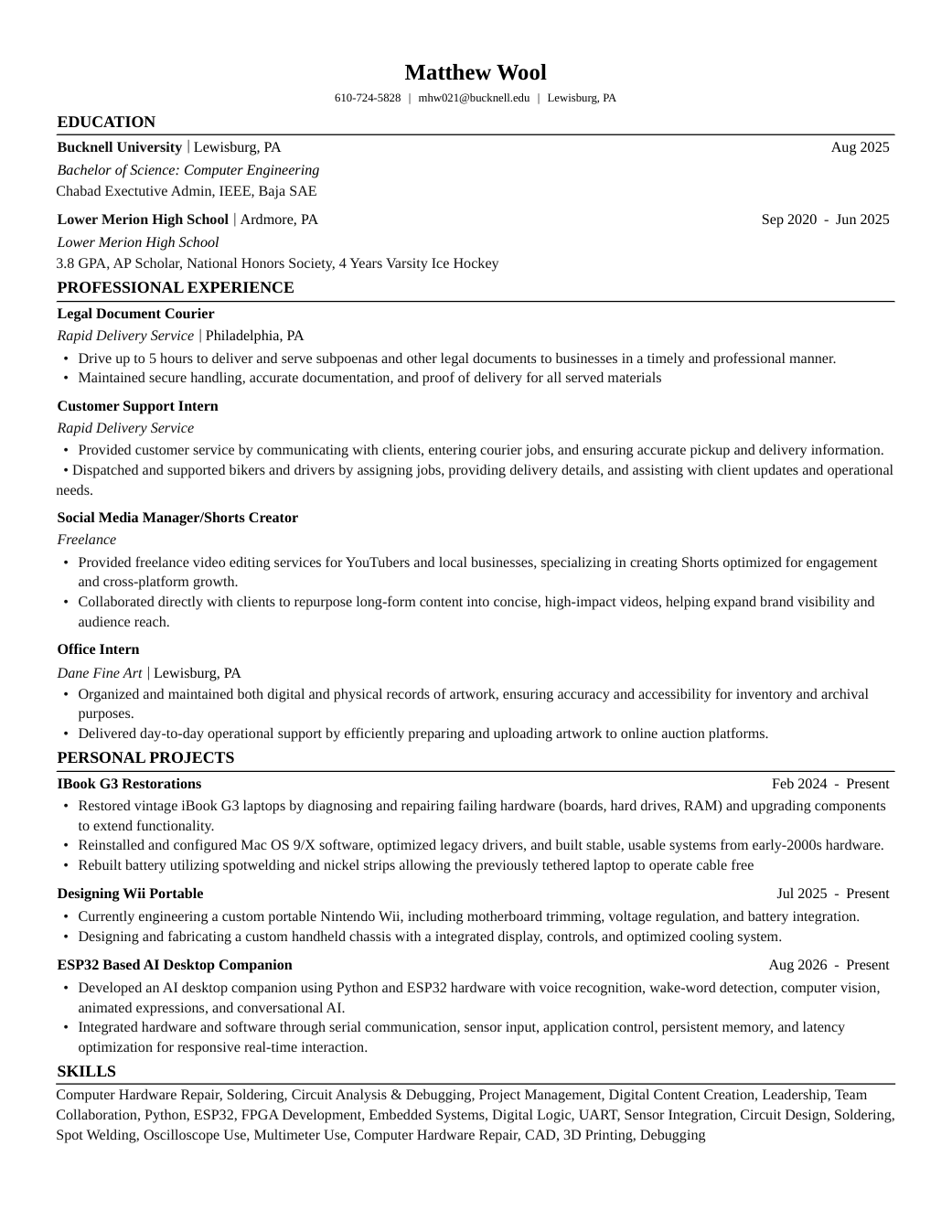 Matthew Wool’s resume, including education, professional experience, personal projects, and technical skills. Open the linked PDF to read the full document.